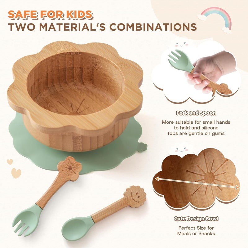 MingHoYo Bamboo Suction Plates Bowls Set for Baby Toddler - Includes Bamboo Bowl, Divided Plate, Silicone Fork & Spoon, All-Natural Baby Feeding Set for Baby-Led Weaning - Image 4